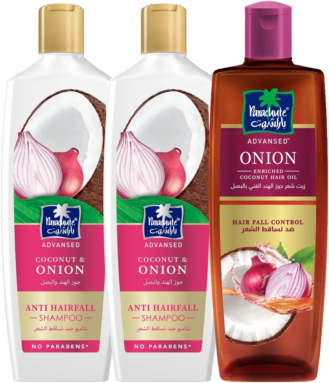 شامپو ضد ریزش مو نارگیل و پیاز پاراشوت ادونسد 340 میلی لیتر + روغن مو نارگیل غنی شده با پیاز پاراشوت ادونسد کنترل ریزش مو 300 میلی لیتر شامپو ضد ریزش مو نارگیل و پیاز پاراشوت ادونسد 340 میلی لیتر + روغن مو نارگیل غنی شده با پیاز پاراشوت ادونسد کنترل ریزش مو 300 میلی لیتر