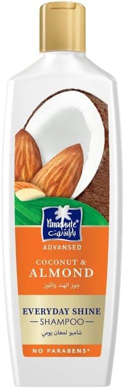 شامپو پاراشوت ادونسد درخشش روزانه 340 میلی لیتر، شامپو با بادام و نارگیل، تغذیه کننده و درخشان کننده مو، ترمیم کننده موهای آسیب دیده و موخوره، 0% مواد شیمیایی مضر