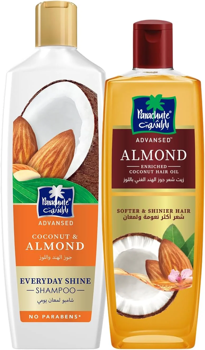 شامپو نارگیل و بادام ادونسد پاراشوت برای درخشش روزانه 340 میلی لیتر + روغن مو نارگیل غنی شده با بادام ادونسد پاراشوت برای موهای نرم تر و درخشان تر 300 میلی لیتر شامپو نارگیل و بادام ادونسد پاراشوت برای درخشش روزانه 340 میلی لیتر + روغن مو نارگیل غنی شده با بادام ادونسد پاراشوت برای موهای نرم تر و درخشان تر 300 میلی لیتر