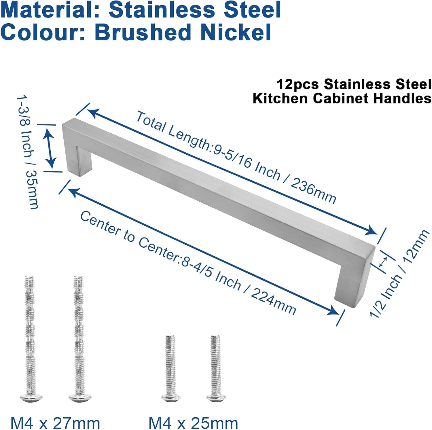 دستگیره کابینت Qjaiune، بسته 12 عددی، نیکل برس خورده، دستگیره مربعی کمد، 224 میلی متر فاصله سوراخ تا سوراخ، دستگیره های استیل ضد زنگ، دستگیره کشو آشپزخانه برای کمد لباس و روشویی