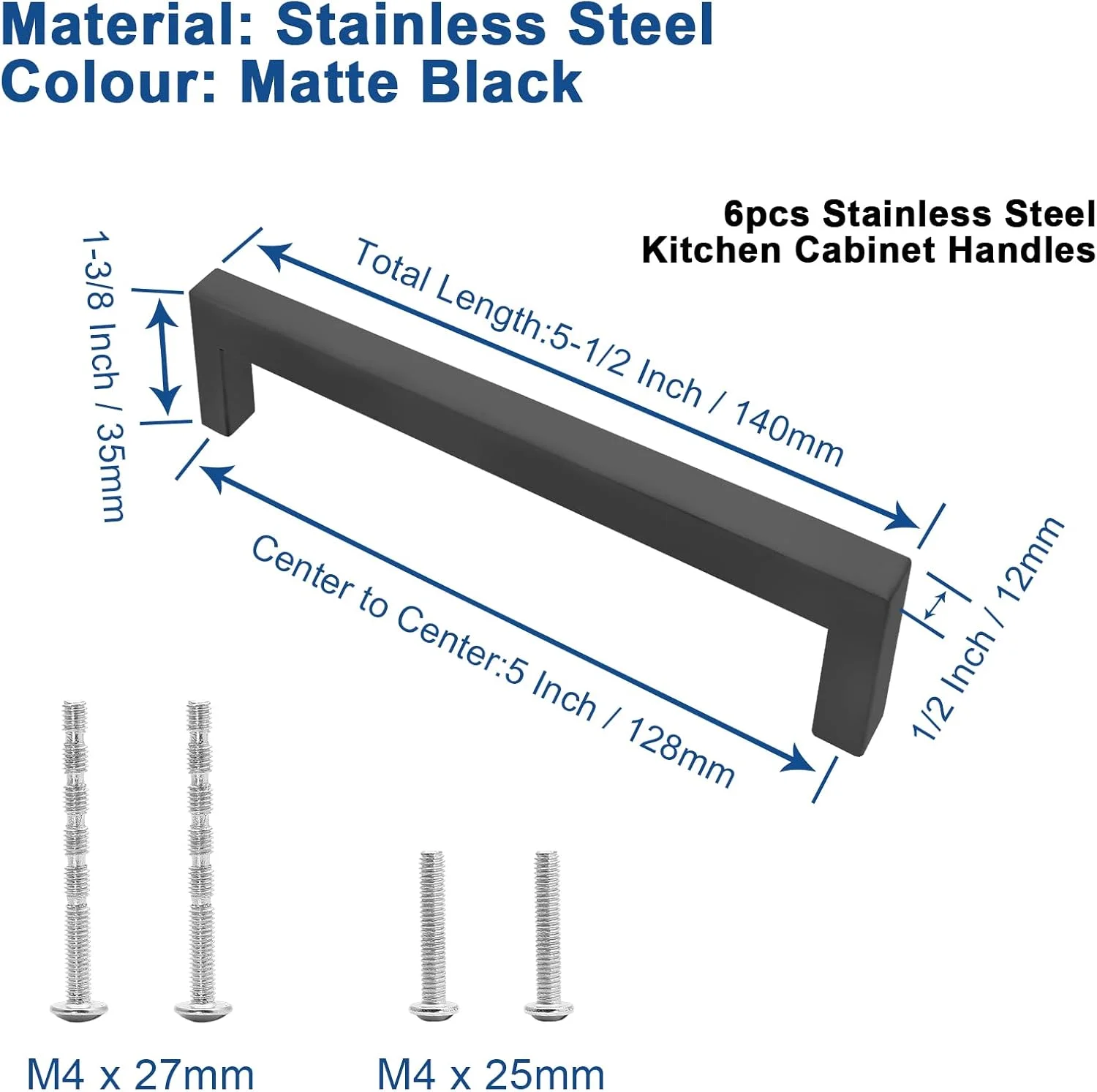دستگیره کابینت مشکی مات Qjaiune، بسته 6 عددی، دستگیره مربعی کمد، فاصله سوراخ تا سوراخ 128 میلی متر / 5 اینچ، دستگیره استیل ضد زنگ کابینت، دستگیره کشو آشپزخانه برای کمد لباس و روشویی