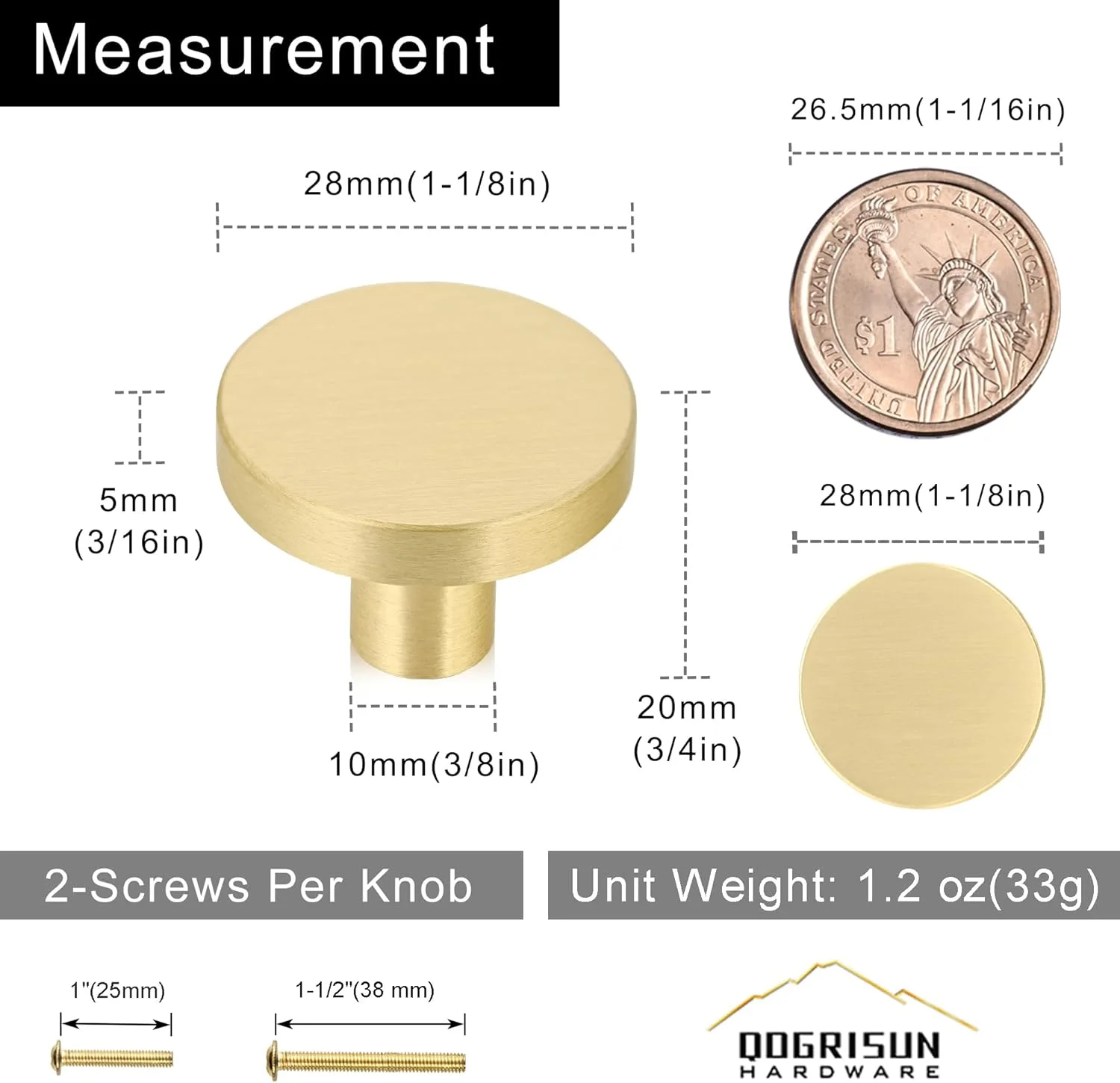 دستگیره کابینت برنجی جامد QOGRISUN، بسته 15 عددی، قطر 2.5 سانتی متر، دستگیره های کشو گرد طلایی، سخت افزار مدرن آشپزخانه، پرداخت برنجی برس خورده