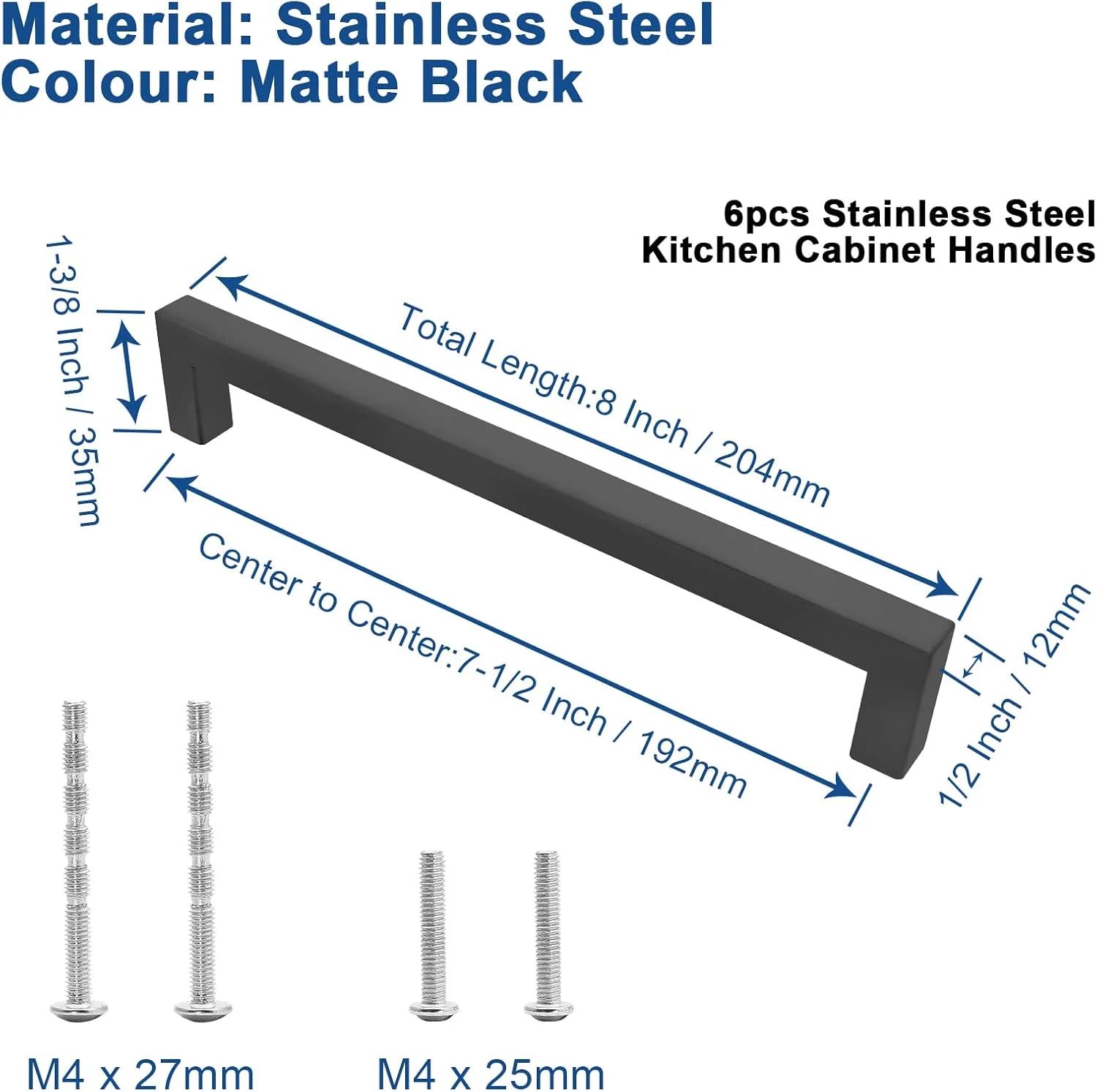دستگیره کابینت مشکی مات Qjaiune، بسته 6 عددی، دستگیره مربعی کمد، فاصله سوراخ تا سوراخ 192 میلی متر / 7-1/2 اینچ، دستگیره های استیل ضد زنگ، دستگیره کشو آشپزخانه برای کمد لباس و روشویی