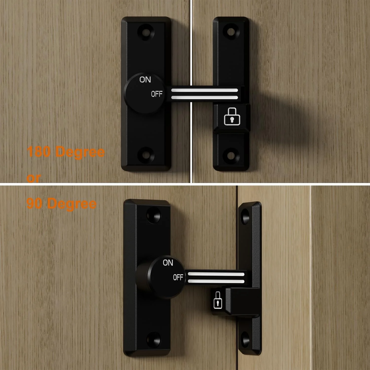 قفل زبانه گردان TERRIFI، قفل کشویی/چرخشی 90/180 درجه بازشو چپ/راست برای درب های امنیتی خانه، انبار، گاراژ، حصار باغ، سوله، پنجره، کابینت (مشکی + شب تاب)