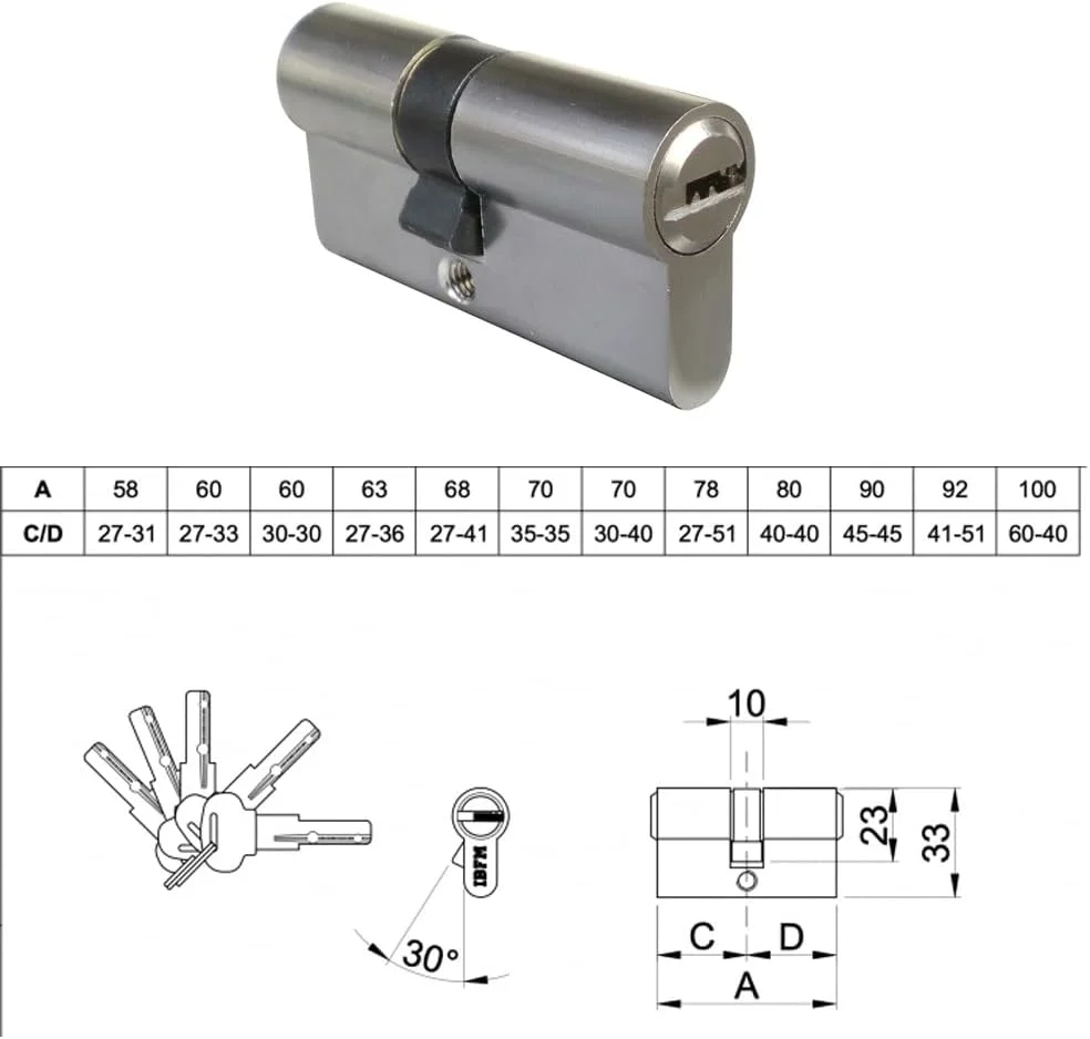 سیلندر قفل درب یورویی سخت افزار یونیورسال با امنیت بالا، بدنه برنجی، روکش کروم ساتن، به همراه 5 کلید و کارت مالک (41/51 (92MM))