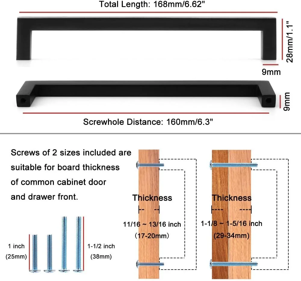دستگیره کابینت میله ای مربع جامد کوفیزو - دستگیره مبلمان نیکل برس خورده مات، فاصله سوراخ پیچ 160 میلی متر/6.3 اینچ، بسته 10 عددی برای درب کابینت آشپزخانه، کشوی کمد اتاق خواب، سخت افزار کمد حمام