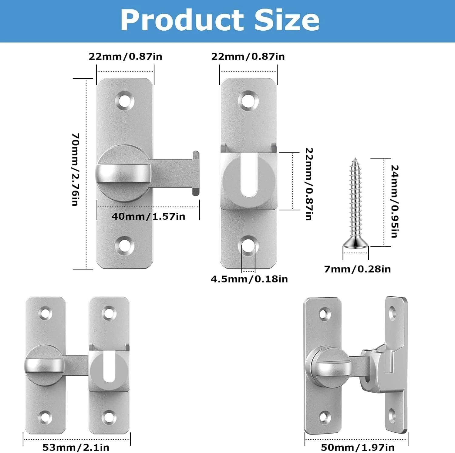 قفل درب کشویی، قفل زبانه ای فولاد ضد زنگ متحرک 90 درجه با پیچ برای حمام، باغ، پنجره، استفاده در فضای باز (نقره ای)
