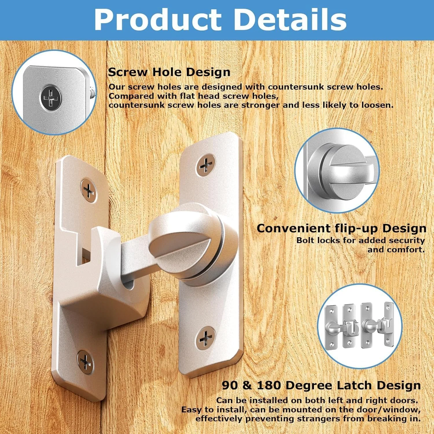 قفل درب کشویی، قفل زبانه ای فولاد ضد زنگ متحرک 90 درجه با پیچ برای حمام، باغ، پنجره، استفاده در فضای باز (نقره ای)