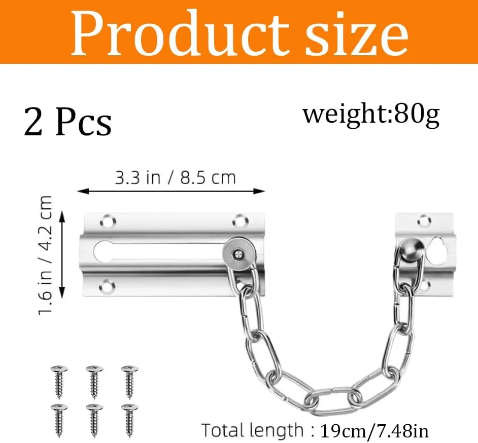 قفل زنجیری درب نقره ای، قفل زنجیری استیل ضد زنگ برس خورده، امنیت تقویت شده برای درب های ورودی اتاق خواب هتل خانه، قفل درب سنگین با پیچ