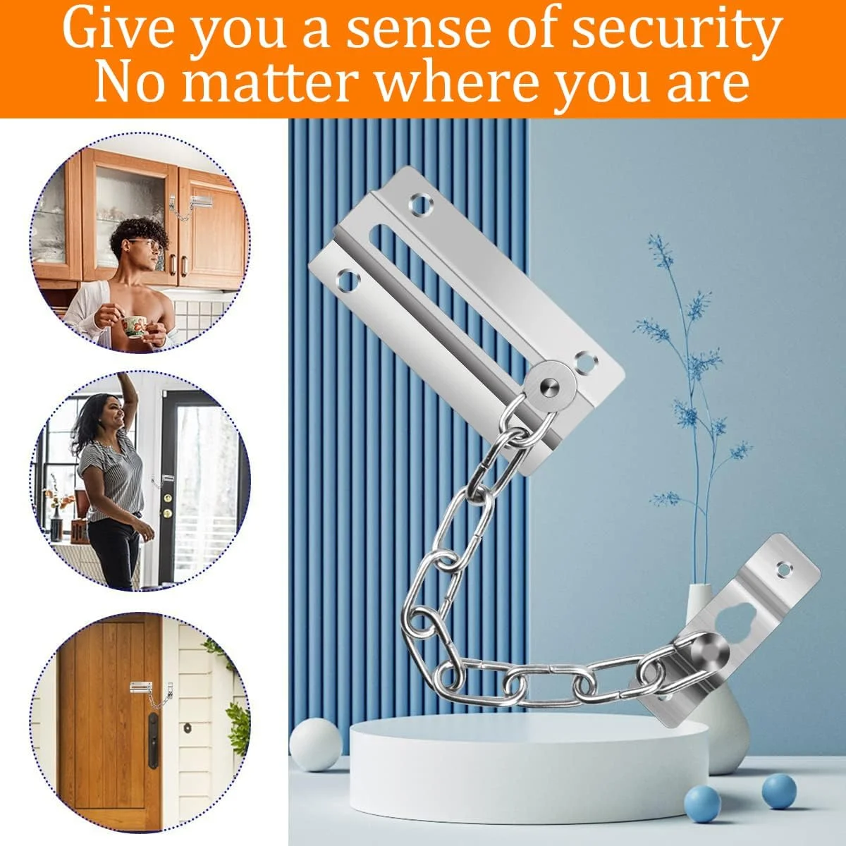 قفل زنجیری درب نقره ای، قفل زنجیری استیل ضد زنگ برس خورده، امنیت تقویت شده برای درب های ورودی اتاق خواب هتل خانه، قفل درب سنگین با پیچ