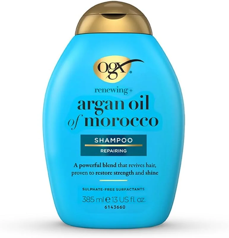 شامپو بدون سولفات روغن آرگان مراکشی OGX Renewing+ (یک عدد 385 میلی لیتر)، فرمول ملایم پاک کننده و آبرسان برای موهای نرم، براق و سالم، غنی شده با روغن آرگان مراکشی