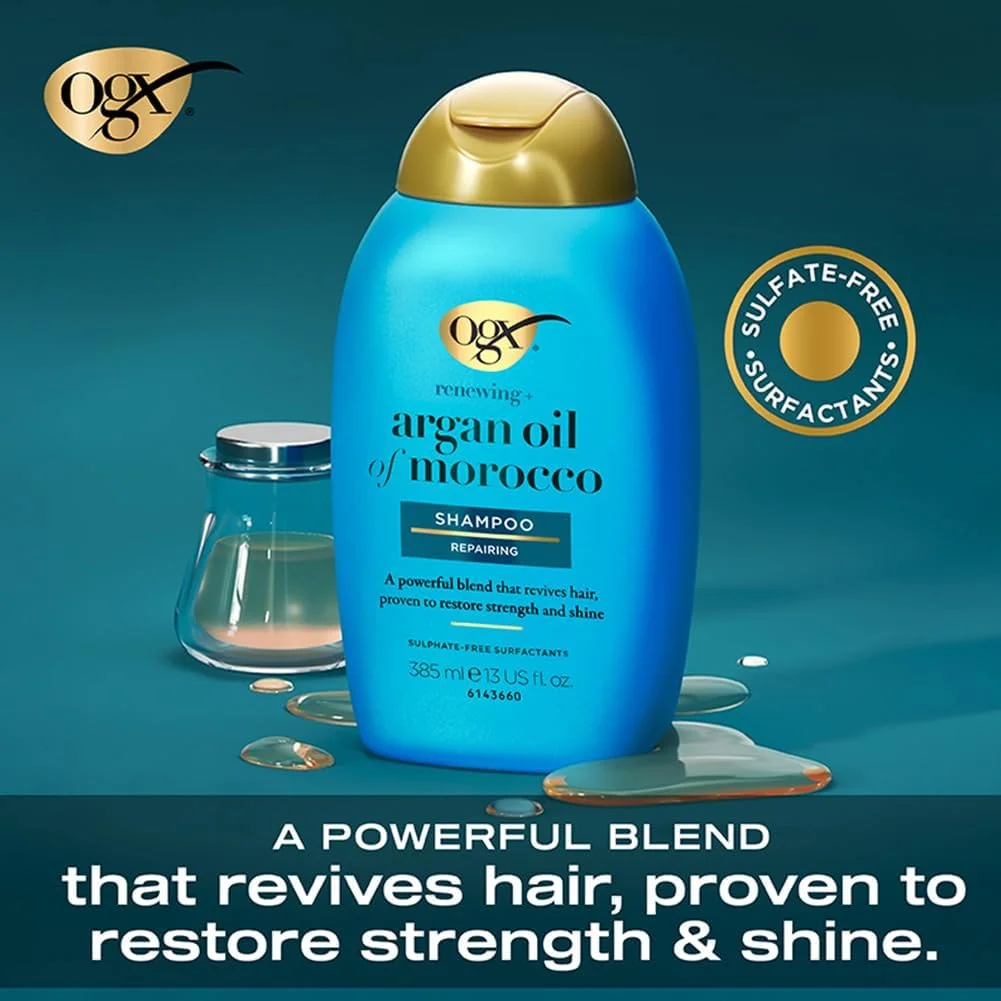 شامپو بدون سولفات روغن آرگان مراکشی OGX Renewing+ (یک عدد 385 میلی لیتر)، فرمول ملایم پاک کننده و آبرسان برای موهای نرم، براق و سالم، غنی شده با روغن آرگان مراکشی