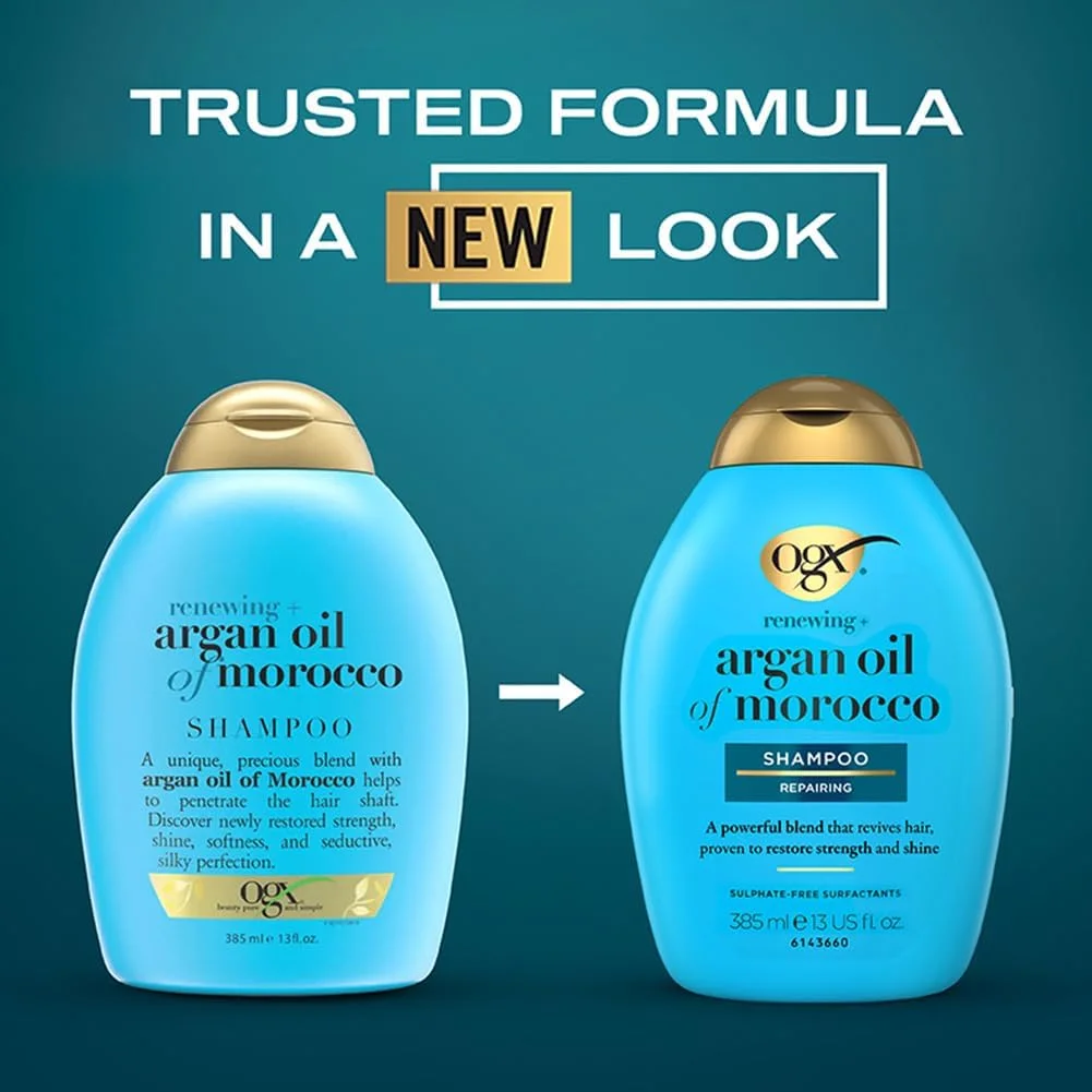 شامپو بدون سولفات روغن آرگان مراکشی OGX Renewing+ (یک عدد 385 میلی لیتر)، فرمول ملایم پاک کننده و آبرسان برای موهای نرم، براق و سالم، غنی شده با روغن آرگان مراکشی