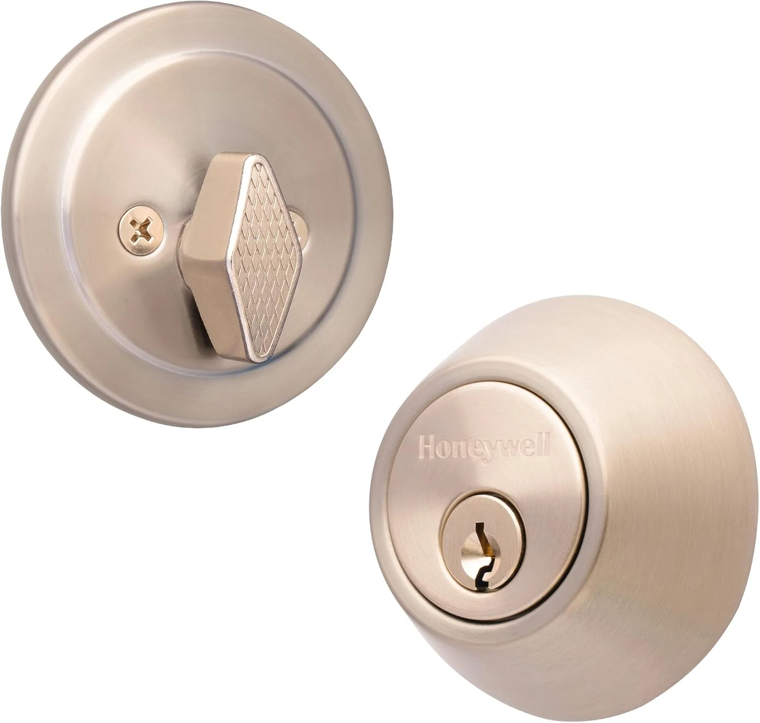 قفل درب ضد سرقت تک سیلندر Honeywell - قفل زبانه دار مقاوم در برابر ضربه برای درب های بیرونی با 2 کلید ورودی - نیکل ساتن، 7.62x12.7x21.59 سانتی متر - 8111309