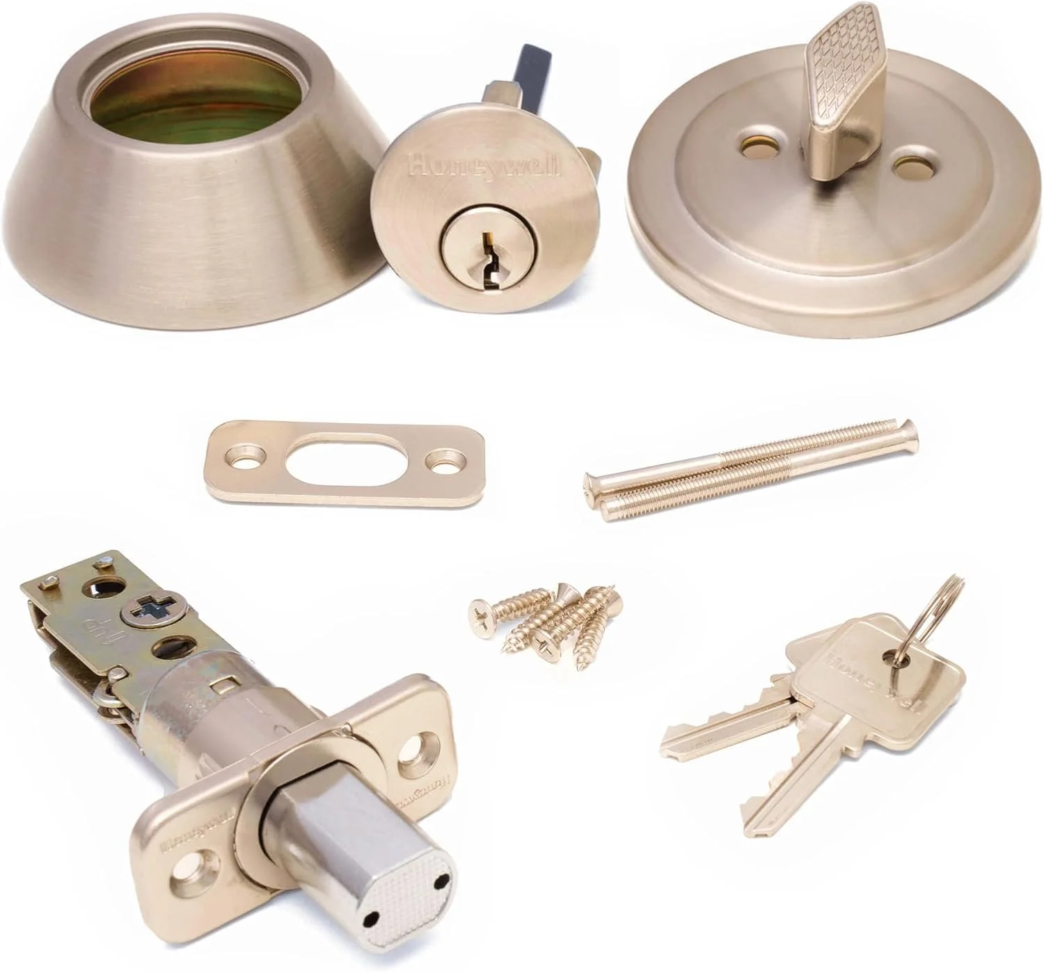 قفل درب ضد سرقت تک سیلندر Honeywell - قفل زبانه دار مقاوم در برابر ضربه برای درب های بیرونی با 2 کلید ورودی - نیکل ساتن، 7.62x12.7x21.59 سانتی متر - 8111309