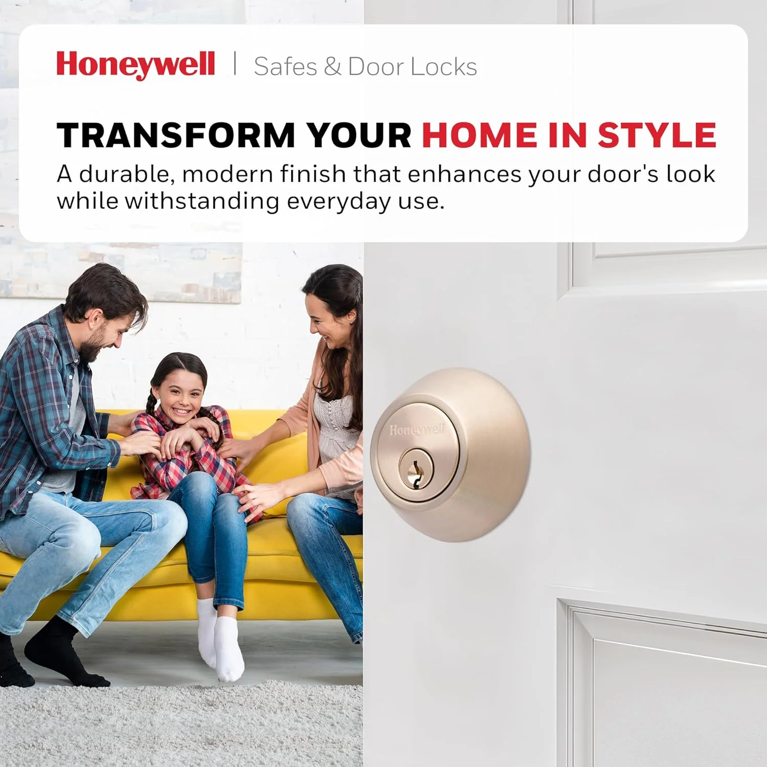 قفل درب ضد سرقت تک سیلندر Honeywell - قفل زبانه دار مقاوم در برابر ضربه برای درب های بیرونی با 2 کلید ورودی - نیکل ساتن، 7.62x12.7x21.59 سانتی متر - 8111309