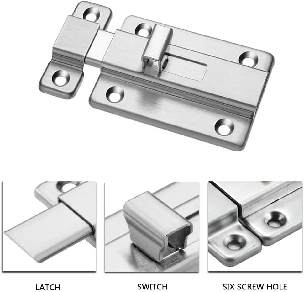 قفل زبانه ای درب استیل ضد زنگ HOOTO، 3 اینچی، قفل کشویی، قفل درب کشویی سنگین، پیچ و مهره کشویی نصب شده روی سطح برای انواع درب های داخلی