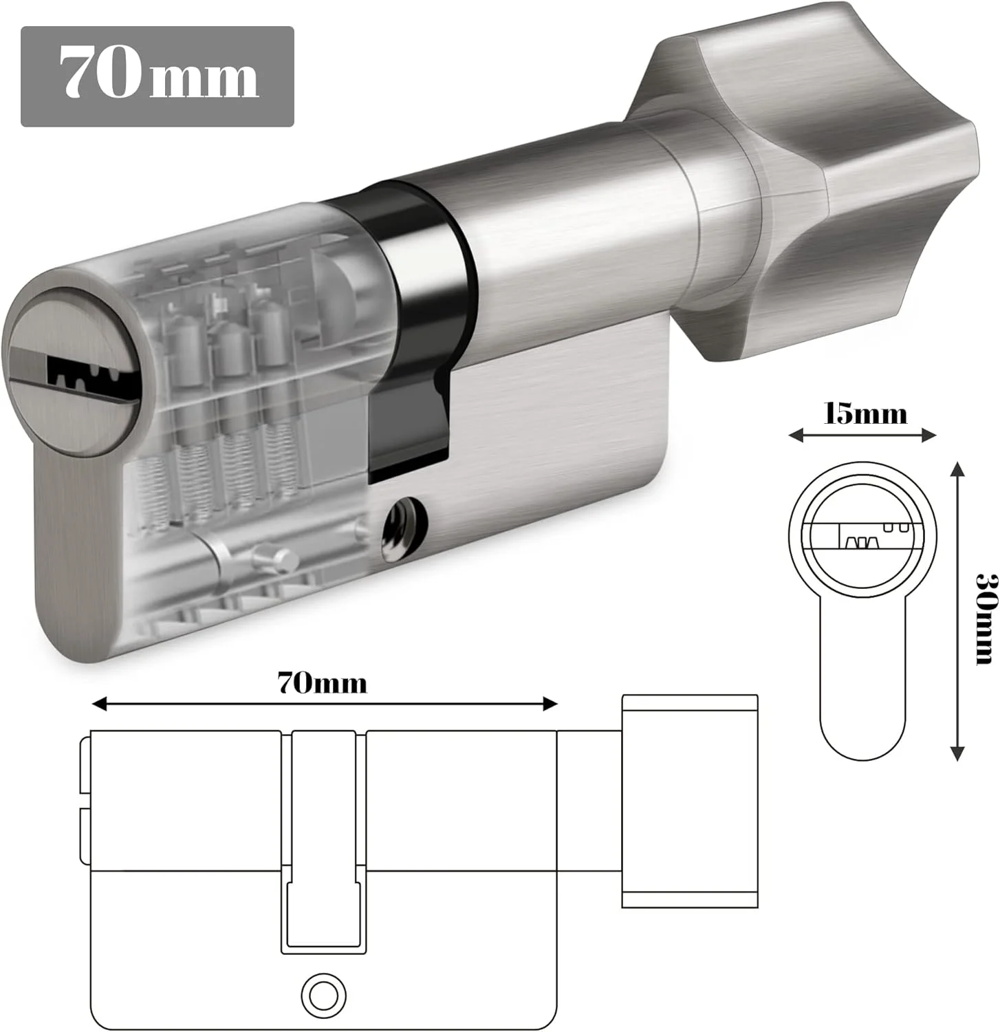 سیلندر قفل پروفیل دکمه ای Hengsong 35/35 با 5 کلید، نقره ای، فلزی، آلیاژ روی، امنیت بالا، مناسب برای استفاده در داخل و خارج از منزل