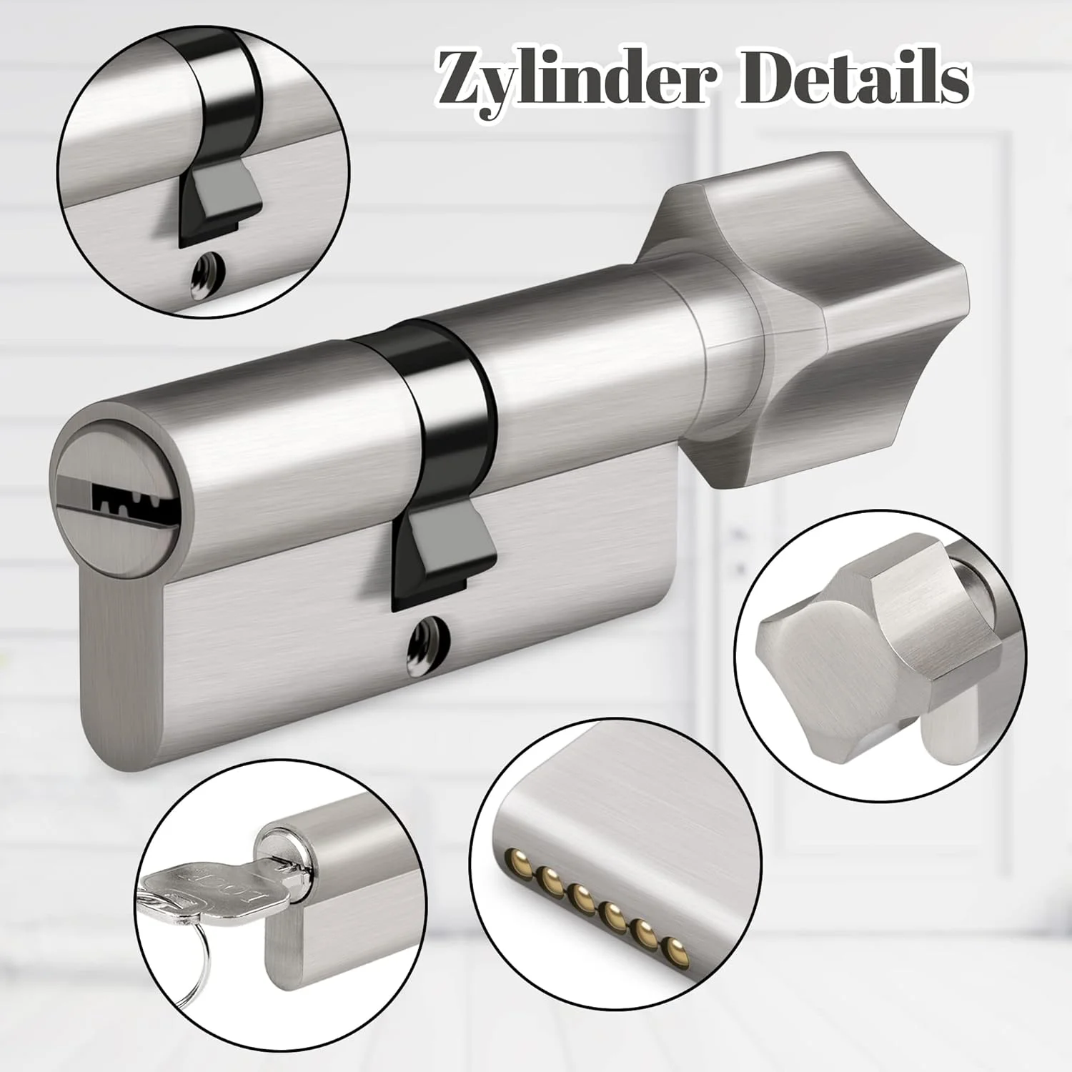 سیلندر قفل پروفیل دکمه ای Hengsong 35/35 با 5 کلید، نقره ای، فلزی، آلیاژ روی، امنیت بالا، مناسب برای استفاده در داخل و خارج از منزل