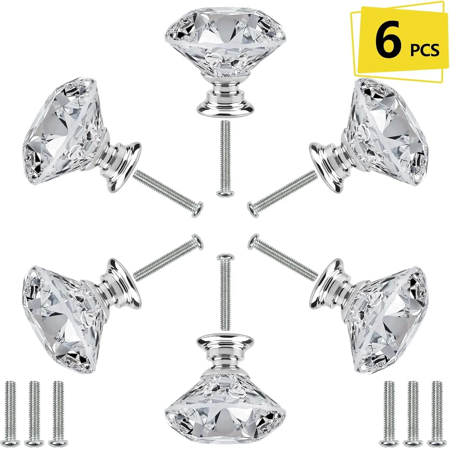دستگیره کابینت جیدا 6 عددی به همراه پیچ در 2 سایز، دستگیره کشو 30 میلی متری کریستالی الماسی شکل برای کشوهای کمد، کابینت حمام، آشپزخانه و اداره