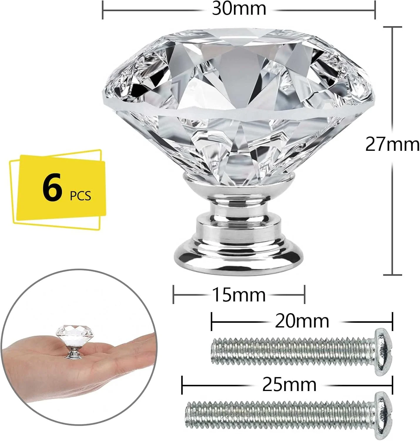دستگیره کابینت جیدا 6 عددی به همراه پیچ در 2 سایز، دستگیره کشو 30 میلی متری کریستالی الماسی شکل برای کشوهای کمد، کابینت حمام، آشپزخانه و اداره