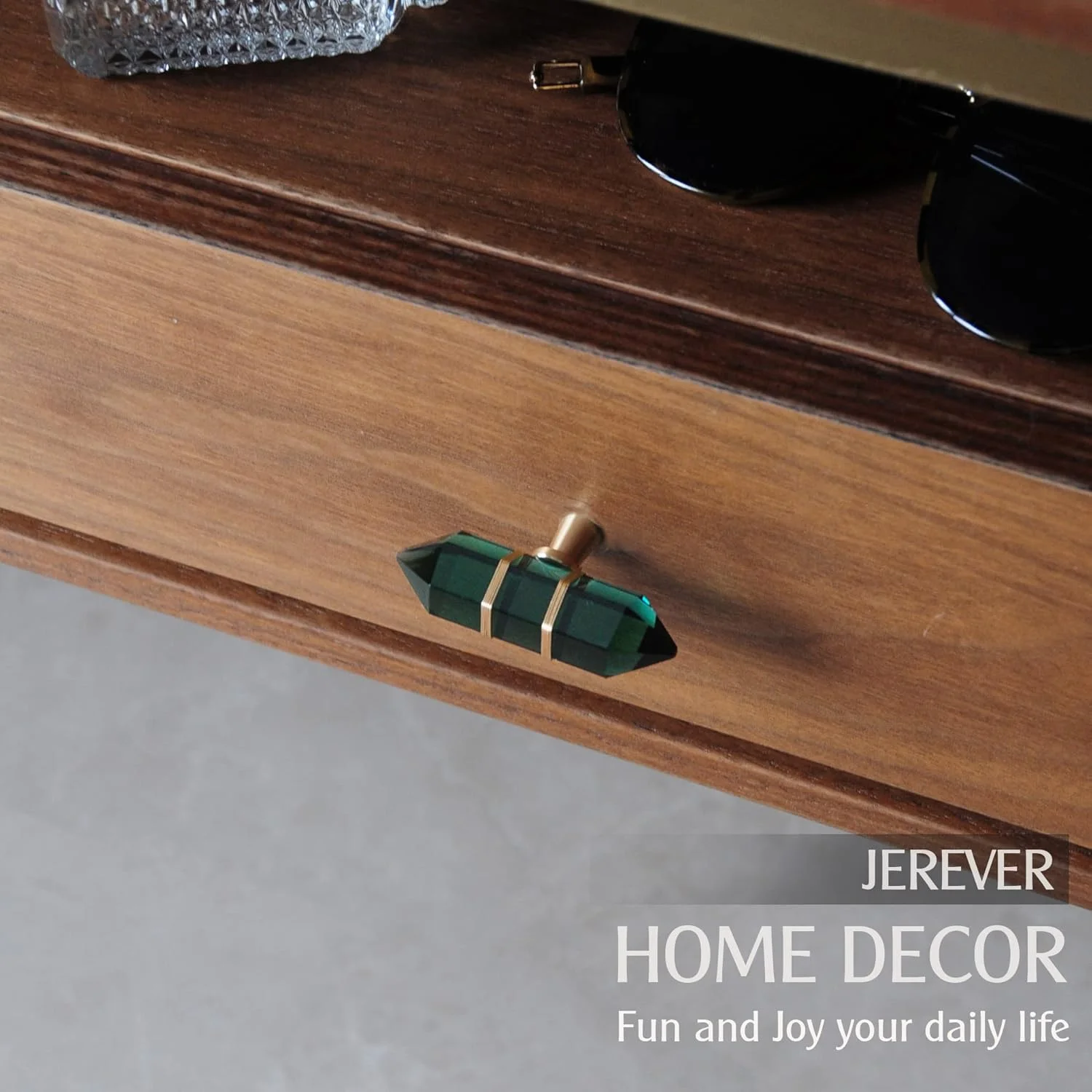 دستگیره کریستالی شش ضلعی JEREVER، بسته 4 عددی، دستگیره کشو شیشه ای با روکش سیم برنجی، سخت افزار طلایی مبلمان برای کمد آشپزخانه (سبز)