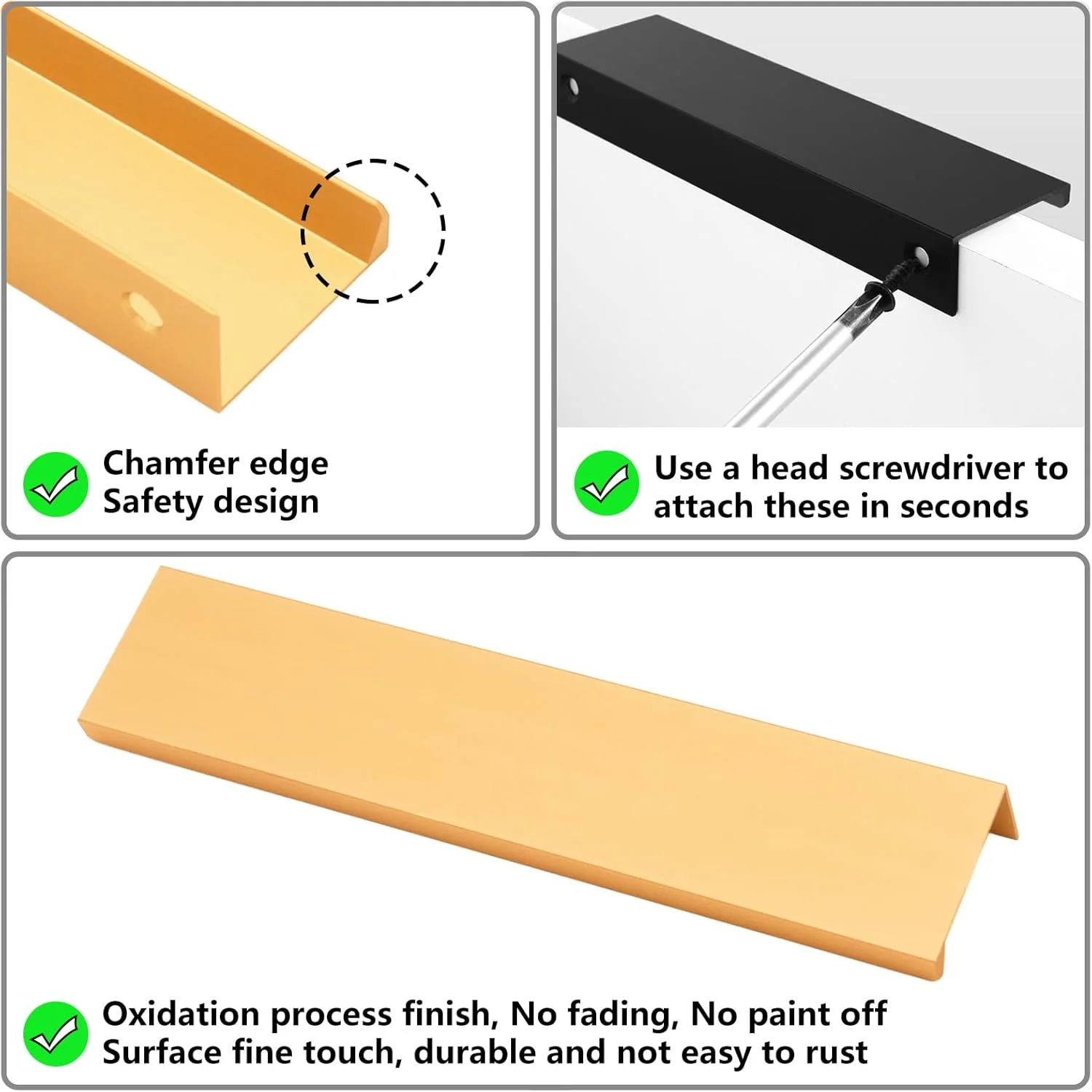 هانی هوا، دستگیره کابینت مدرن طلایی، بسته 5 عددی، طول 150 میلی متر، دستگیره لبه انگشتی برای کابینت، دستگیره کشو آشپزخانه، سخت افزار آلومینیومی