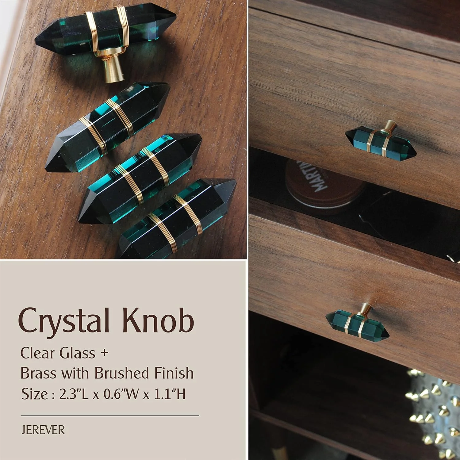 دستگیره کریستالی شش ضلعی JEREVER، بسته 4 عددی، دستگیره کشو شیشه ای با روکش سیم برنجی، سخت افزار طلایی مبلمان برای کمد آشپزخانه (سبز)