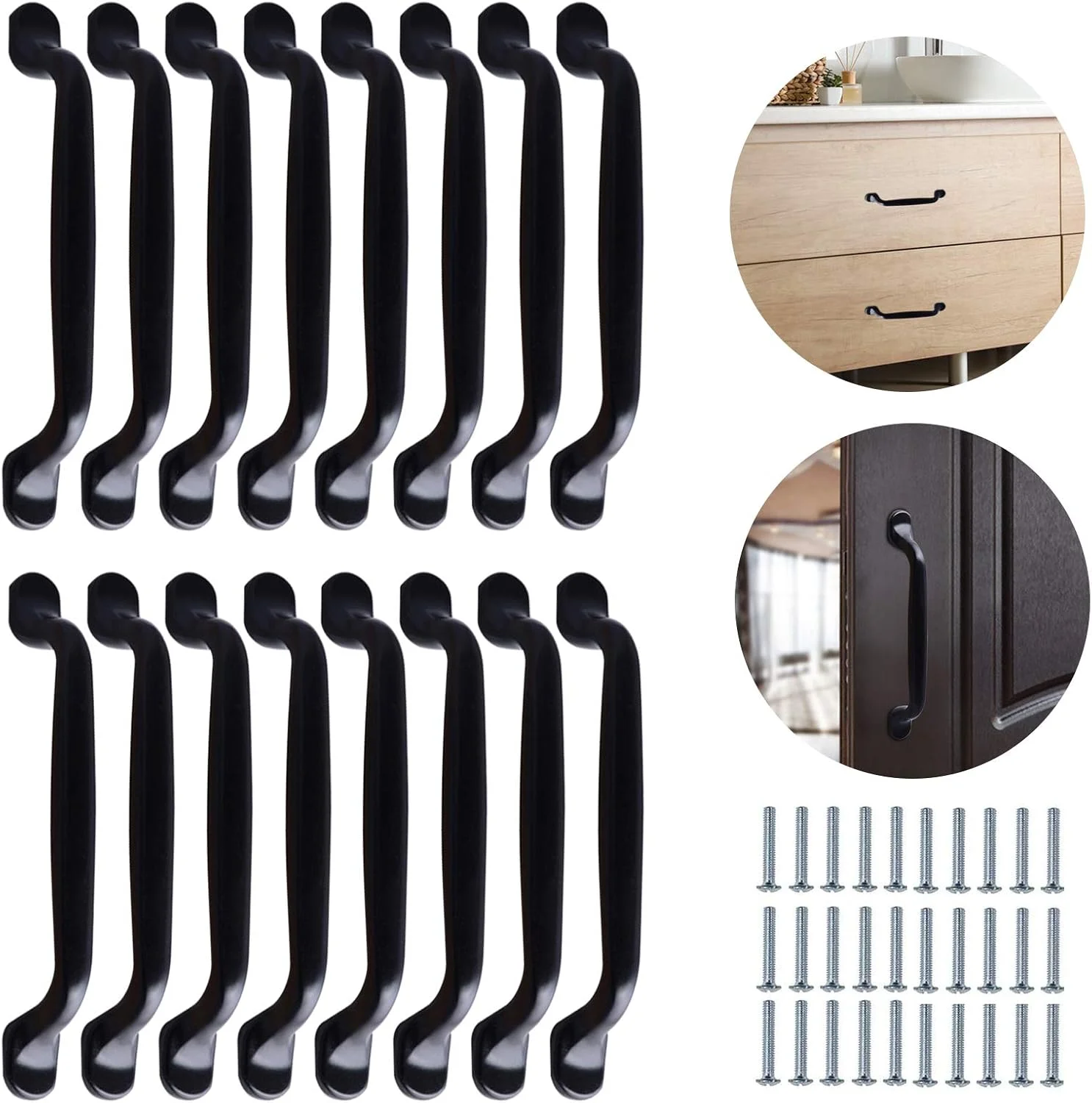 دستگیره کابینت هایلیو 16 عددی 160 میلی متری مشکی برای کابینت، دستگیره آشپزخانه با 32 عدد پیچ، دستگیره درب قوس دار، فاصله سوراخ 128 میلی متر، دستگیره کابینت برای کشو اتاق خواب