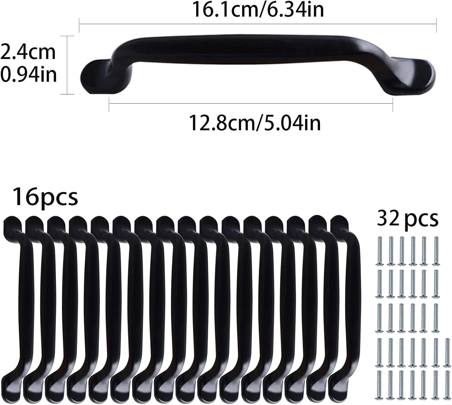 دستگیره کابینت هایلیو 16 عددی 160 میلی متری مشکی برای کابینت، دستگیره آشپزخانه با 32 عدد پیچ، دستگیره درب قوس دار، فاصله سوراخ 128 میلی متر، دستگیره کابینت برای کشو اتاق خواب