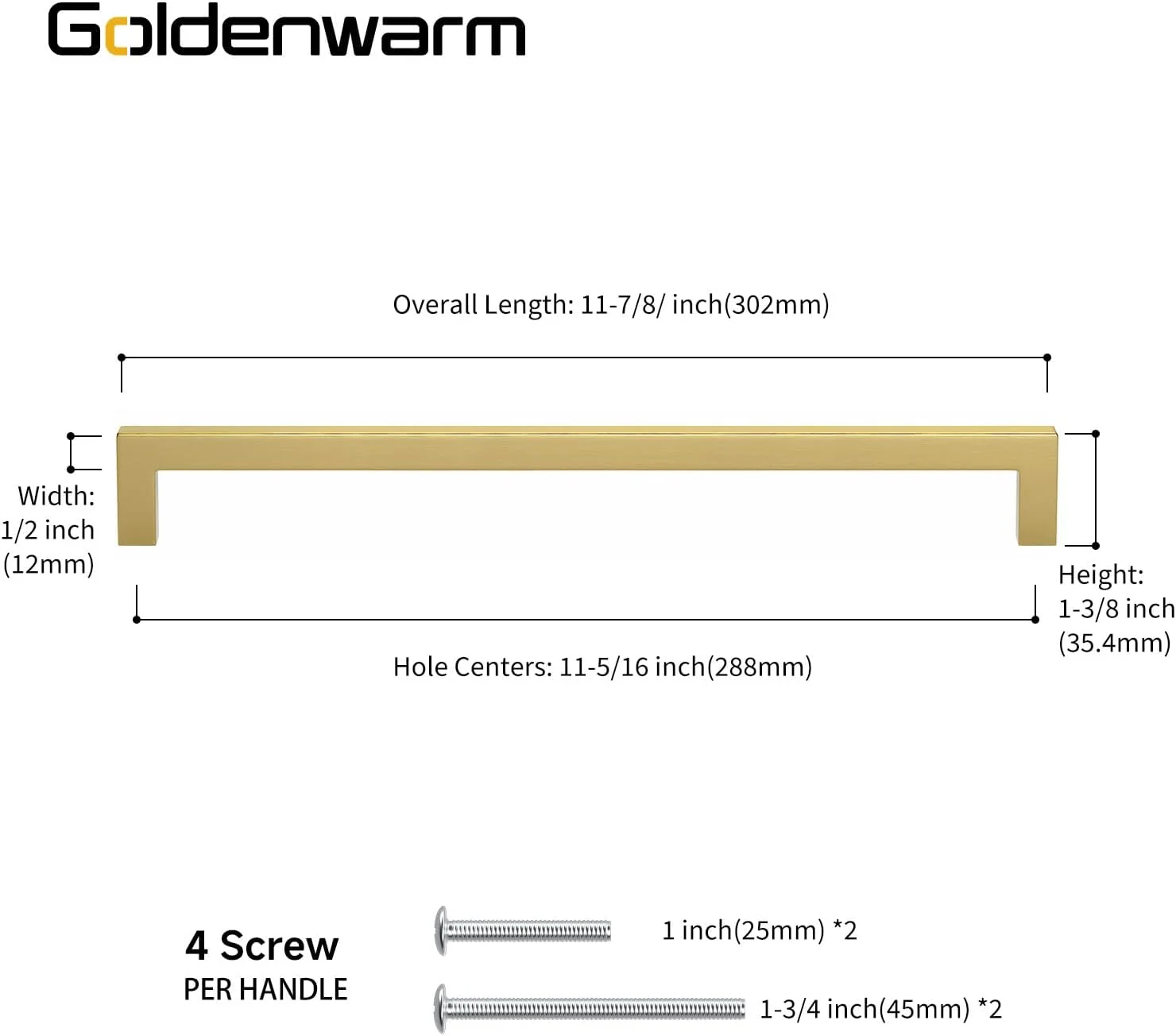 دستگیره های کشو کابینت طلایی گلدن وارم 10 عددی - LSJ12GD288 دستگیره های مدرن برنجی برس خورده مربع شکل برای درب کابینت آشپزخانه و حمام، فاصله مرکز سوراخ ها 11-1/3 اینچ