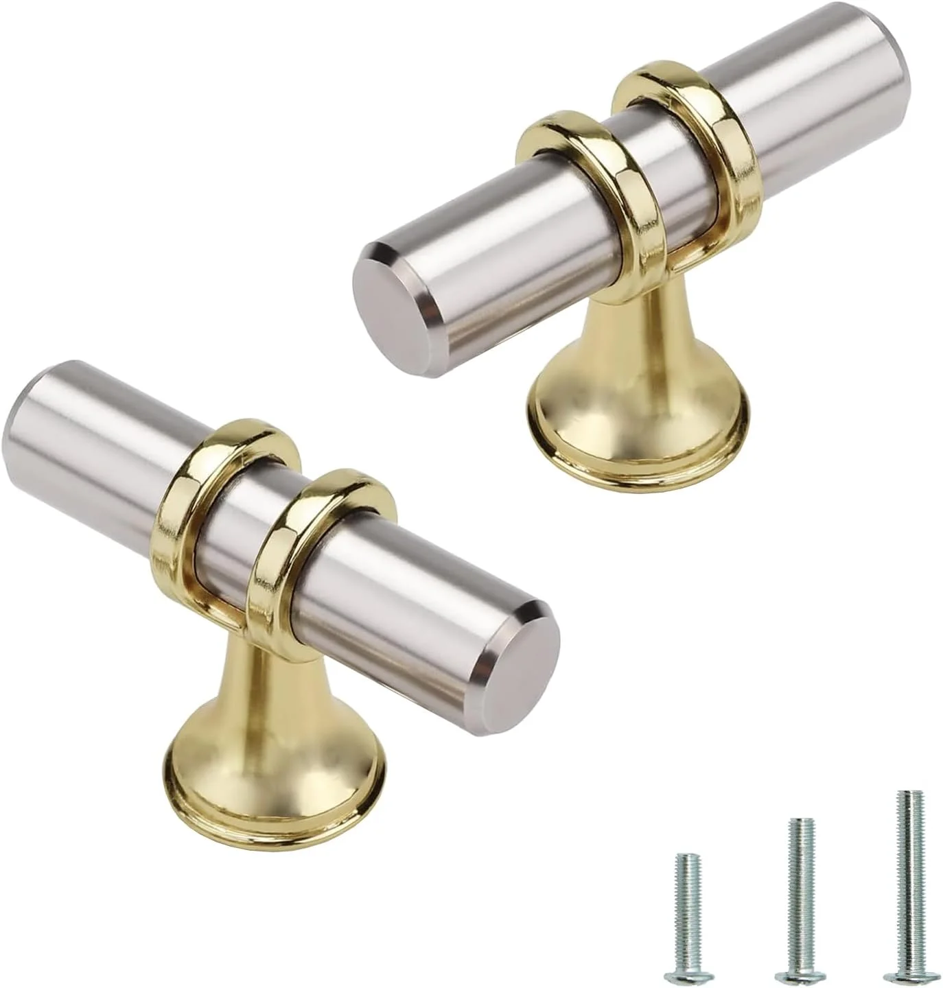 دستگیره کابینت Ymaiss، بسته 12 عددی، دستگیره های T شکل، دستگیره کشو، تک سوراخ، سخت افزار برای کشو، کمد، کابینت، کمد لباس (نقره ای و طلایی)