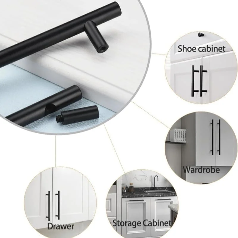 دستگیره کابینت مشکی 8 عددی، دستگیره های کابینت آشپزخانه مشکی مات، دستگیره های کشو استیل ضد زنگ، یراق کابینت برای آشپزخانه حمام، دستگیره های T شکل کشو، دستگیره درب
