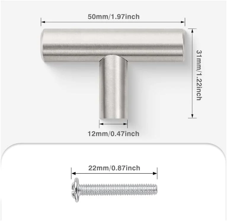 دستگیره کابینت T شکل، طول 50 میلی متر، استیل ضد زنگ برس خورده، به همراه پیچ نصب 22 میلی متری دستگیره کابینت T شکل، طول 50 میلی متر، استیل ضد زنگ برس خورده، به همراه پیچ نصب 22 میلی متری