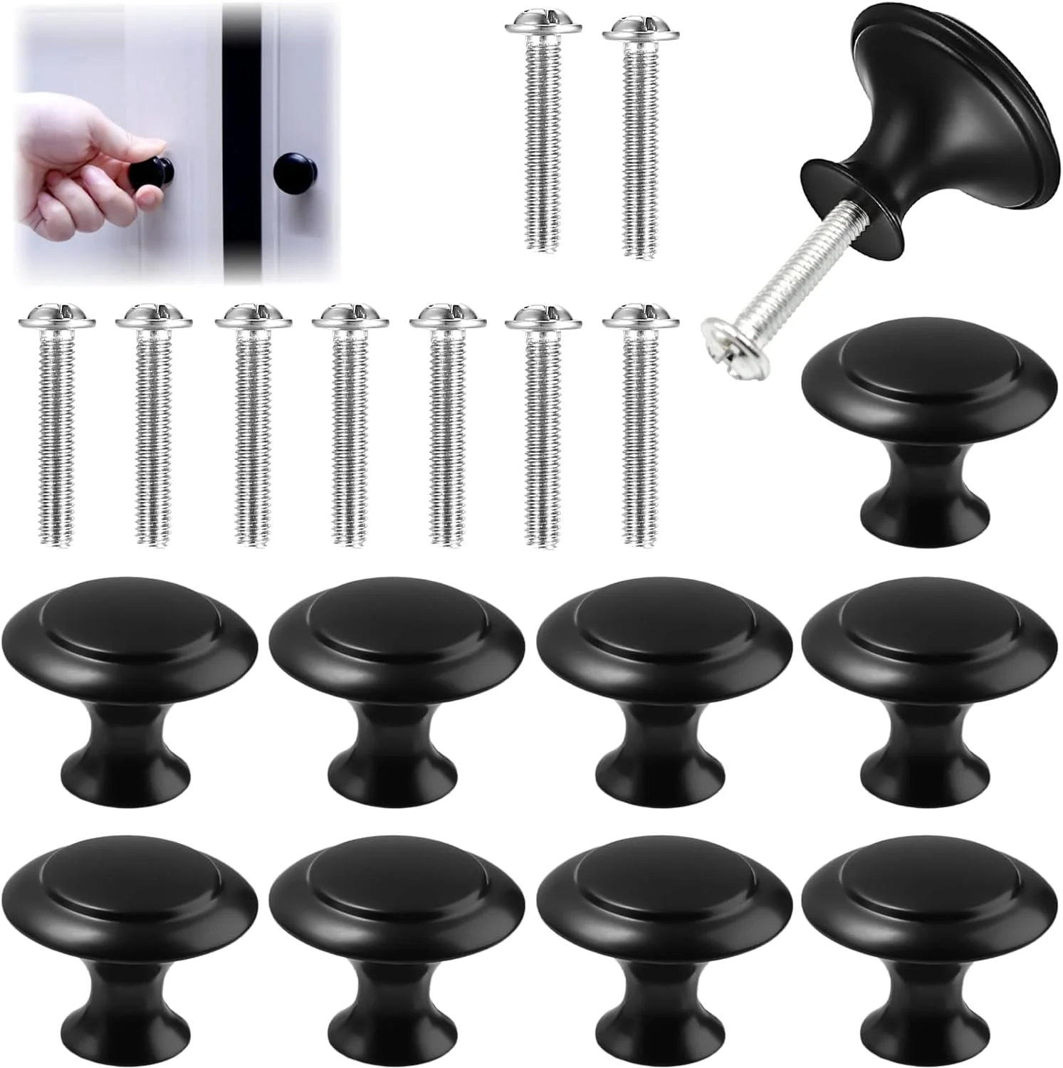 ست 10 عددی دستگیره کابینت مدرن مشکی مات، دستگیره گرد درب کابینت، دستگیره کمد، دستگیره تک سوراخ قارچی شکل آلیاژ روی برای تزئین کمد و کابینت