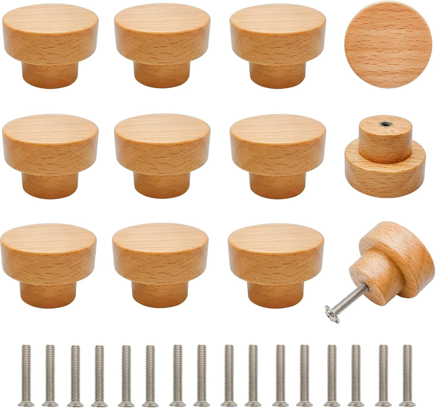 دستگیره چوبی Bmgop، 12 عدد دستگیره کابینت چوبی گرد با سطح صاف، 35 میلی‌متر، دستگیره و کشو مبلمان چوبی راش طبیعی