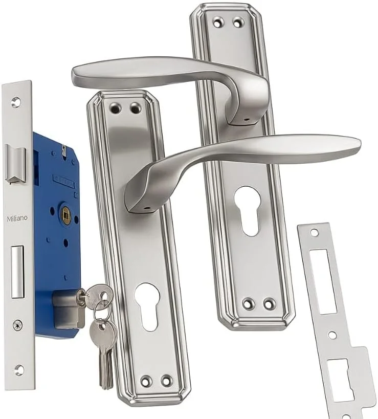 ست کامل قفل درب با دستگیره – قفل زبانه ای استیل ضد زنگ با سوراخ کلید استوانه ای یورو و 3 کلید – مقاوم در برابر زنگ زدگی، پرداخت مدرن برس خورده برای درب های داخلی و خارجی