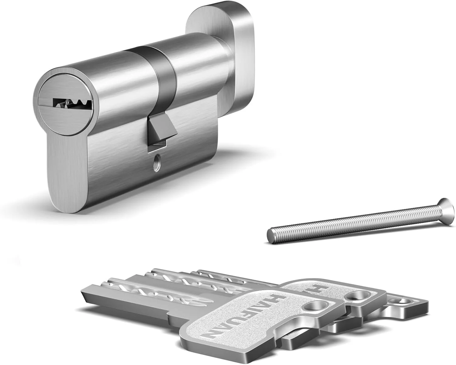 یک عدد سیلندر 70 میلی متری (35T/35) با هسته برنجی، سیلندر قفل درب Mortise، ورود یک طرفه با 3 کلید برنجی، دستگیره شستی در طرف دیگر، رنگ نیکل (T-70-NB)