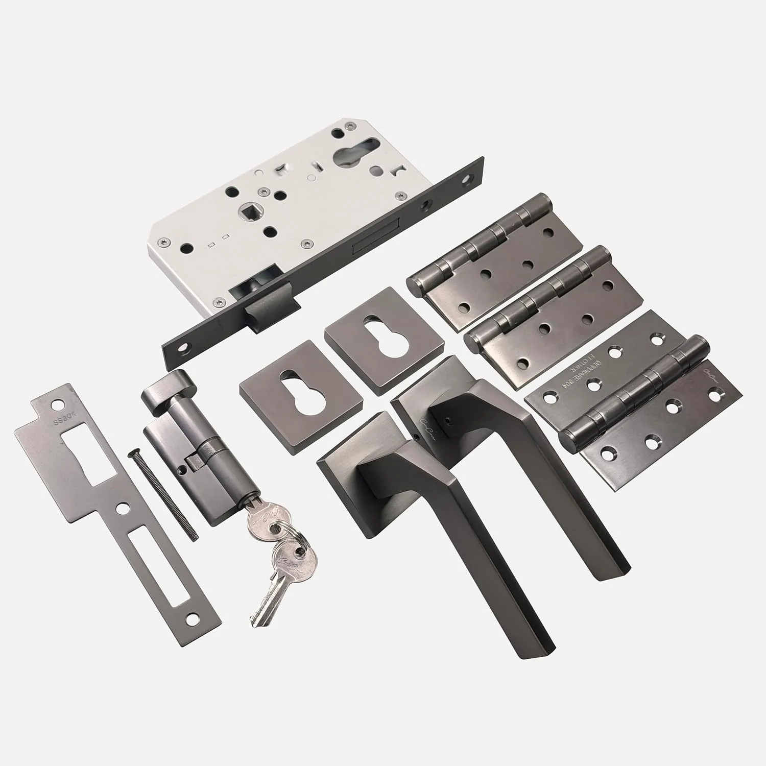 ست قفل درب آلومینیومی ممتاز Cincinno Scandia – ست کامل دستگیره درب با بدنه قفل، سیلندر، لولا، اسکچون، صفحه استرایکر، کلید – ایمن و شیک برای درب های خانه و محل کار (خاکستری متال)