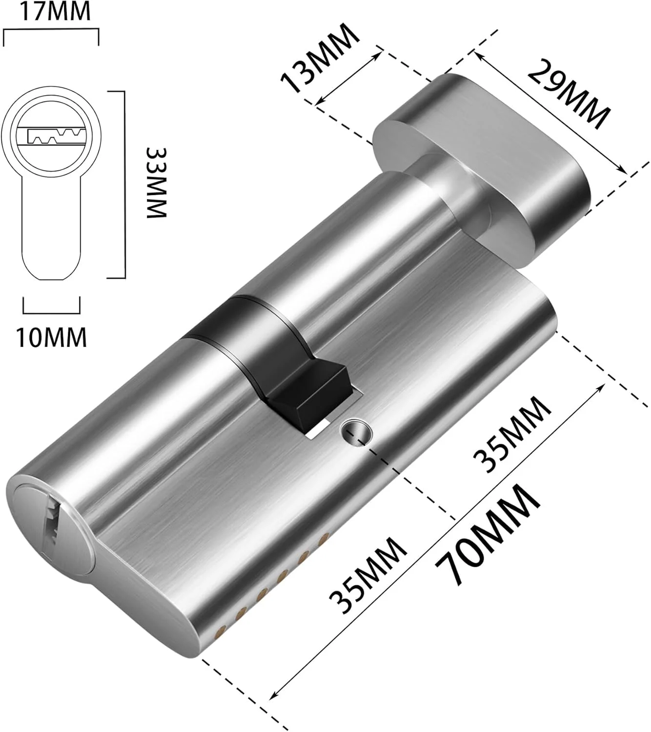 یک عدد سیلندر 70 میلی متری (35T/35) با هسته برنجی، سیلندر قفل درب Mortise، ورود یک طرفه با 3 کلید برنجی، دستگیره شستی در طرف دیگر، رنگ نیکل (T-70-NB)