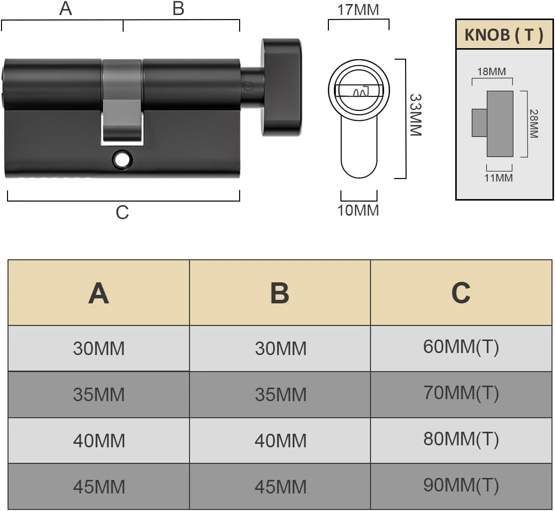 سیلندر قفل یورویی آلیاژ روی مشکی Bwintech، 90 میلی متر (45T/45)، قفل درام در، کلید با 8 کلید افقی دندانه دار