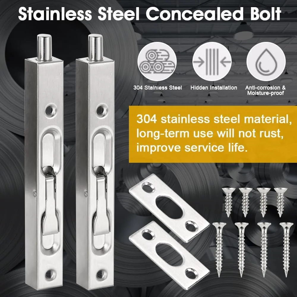 قفل زبانه ای درب BIGTHREE، بسته 2 عددی قفل زبانه توکار، قفل کشویی استیل ضد زنگ، قفل درب امنیتی فرانسوی اهرمی مخفی با پیچ ​​های ضربه ای برای اتاق خواب، حمام، کمد