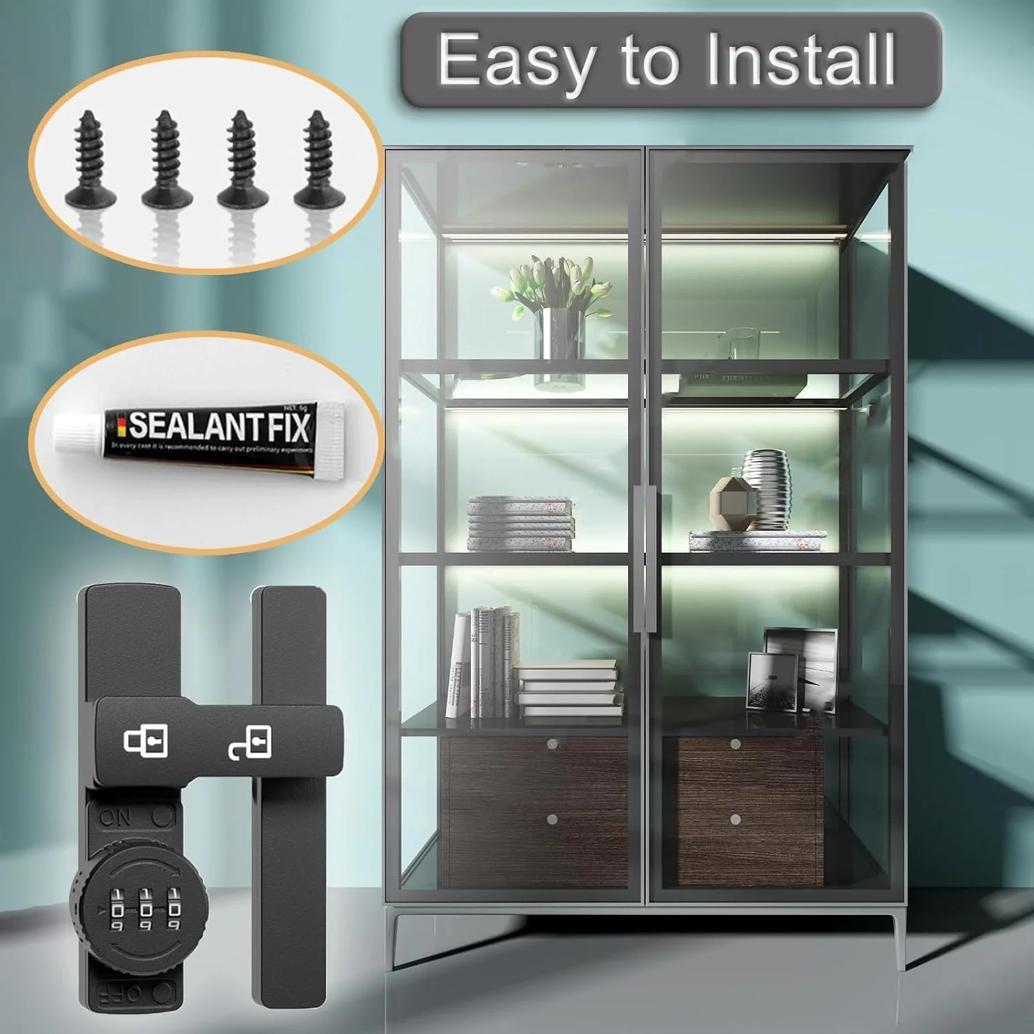 قفل درب کشویی سنگین BIGTHREE، قفل گیره چرخشی با عملکرد شب تاب، برای امنیت خانه، طراحی مینیمالیستی، سخت افزار درب دوبل 180 درجه برای استفاده در فضای باز و داخلی (مشکی مات)