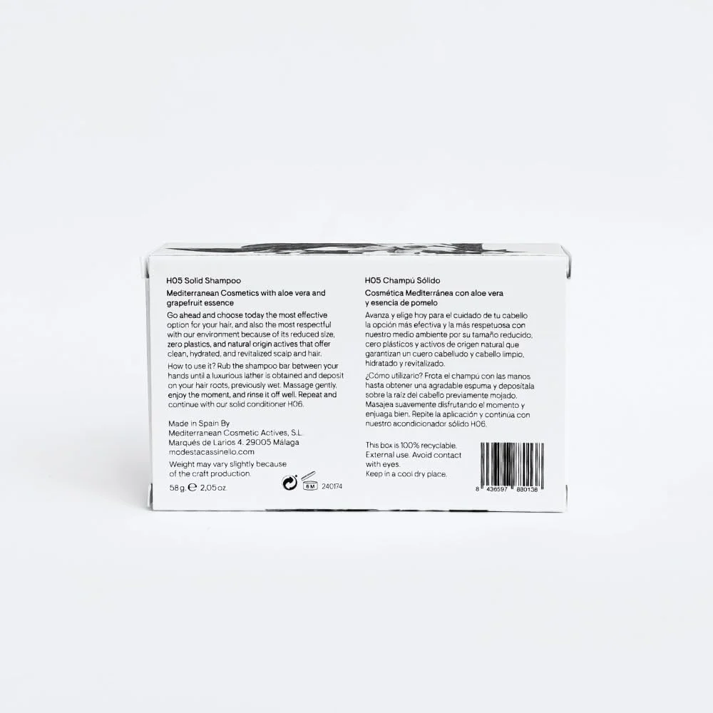 شامپو جامد H05 Modesta Cassinello - پاکسازی ملایم با مشتقات نارگیل و آلوئه ورا - شامپو وگان و بدون پلاستیک برای انواع مو - 58 گرم