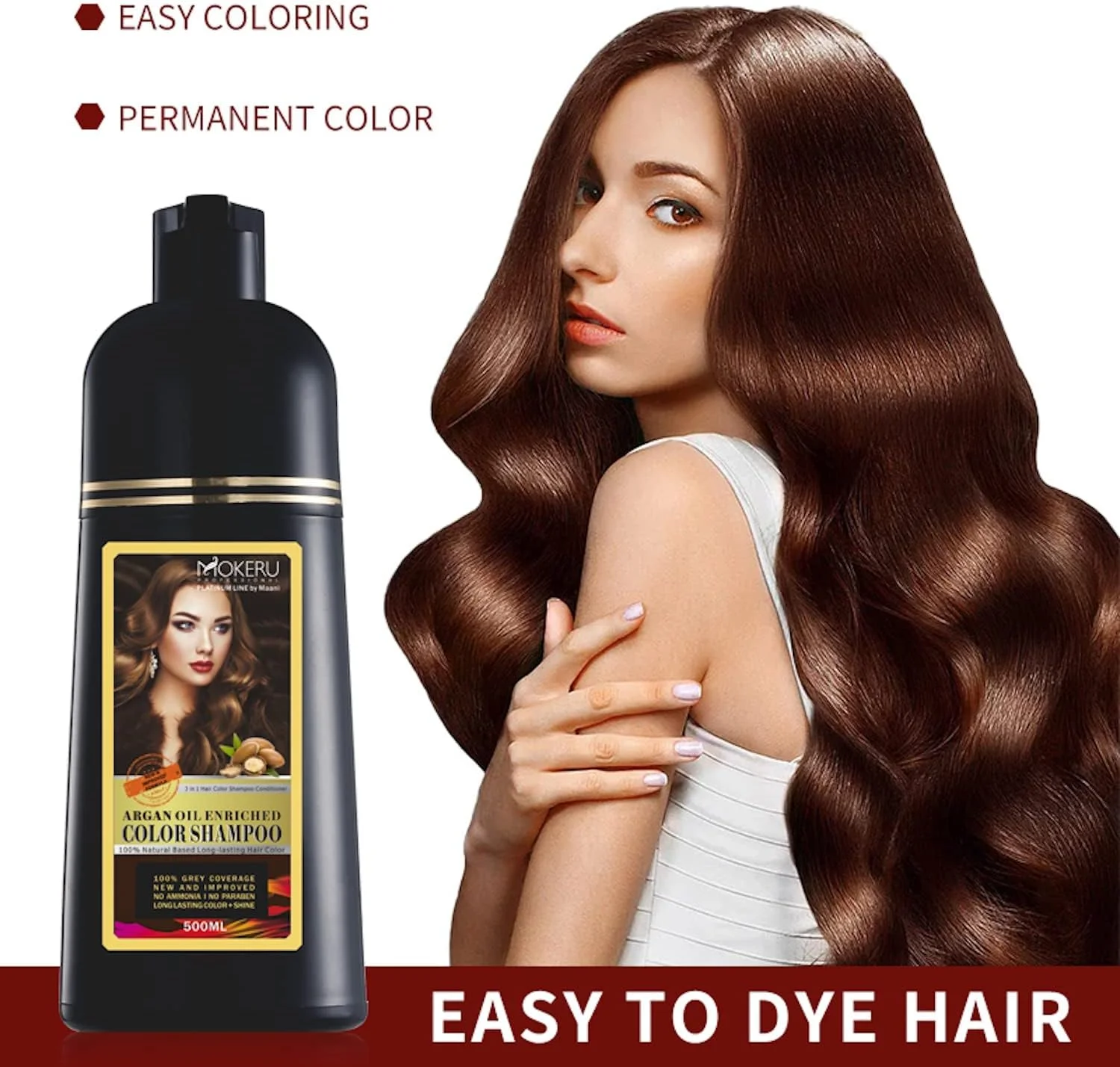 شامپو رنگ موی روغن آرگان مانی موکرو، رنگ قهوه ای روشن، 500 میلی لیتر، بسته ویژه با عملکرد سریع و ماندگاری طولانی