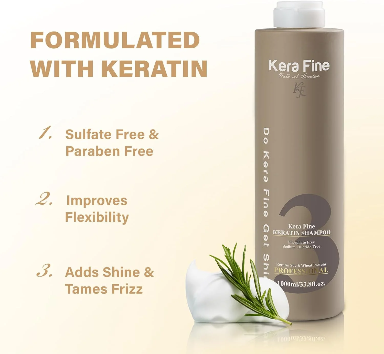 شامپو کراتین KERA FINE KF | ۱۰۰۰ میلی لیتر | بدون سولفات | بدون پارابن | بدون فسفات، بدون کلرید سدیم | پروتئین کراتین سویا و گندم | مخصوص استفاده حرفه ای