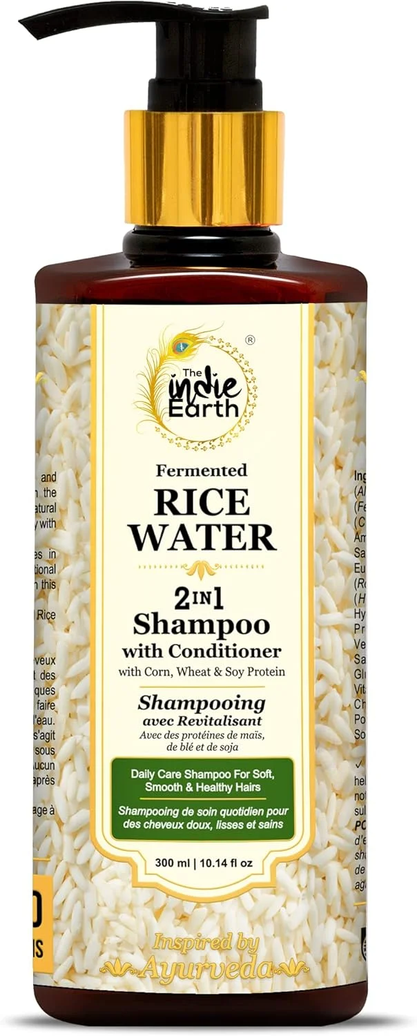 شامپو و نرم کننده 2 در 1 آب برنج تخمیر شده ایندی اِرث با پروتئین ذرت، گندم و سویا - بدون نیاز به نرم کننده اضافی برای موهای نرم، صاف و سالم 300 میلی لیتر