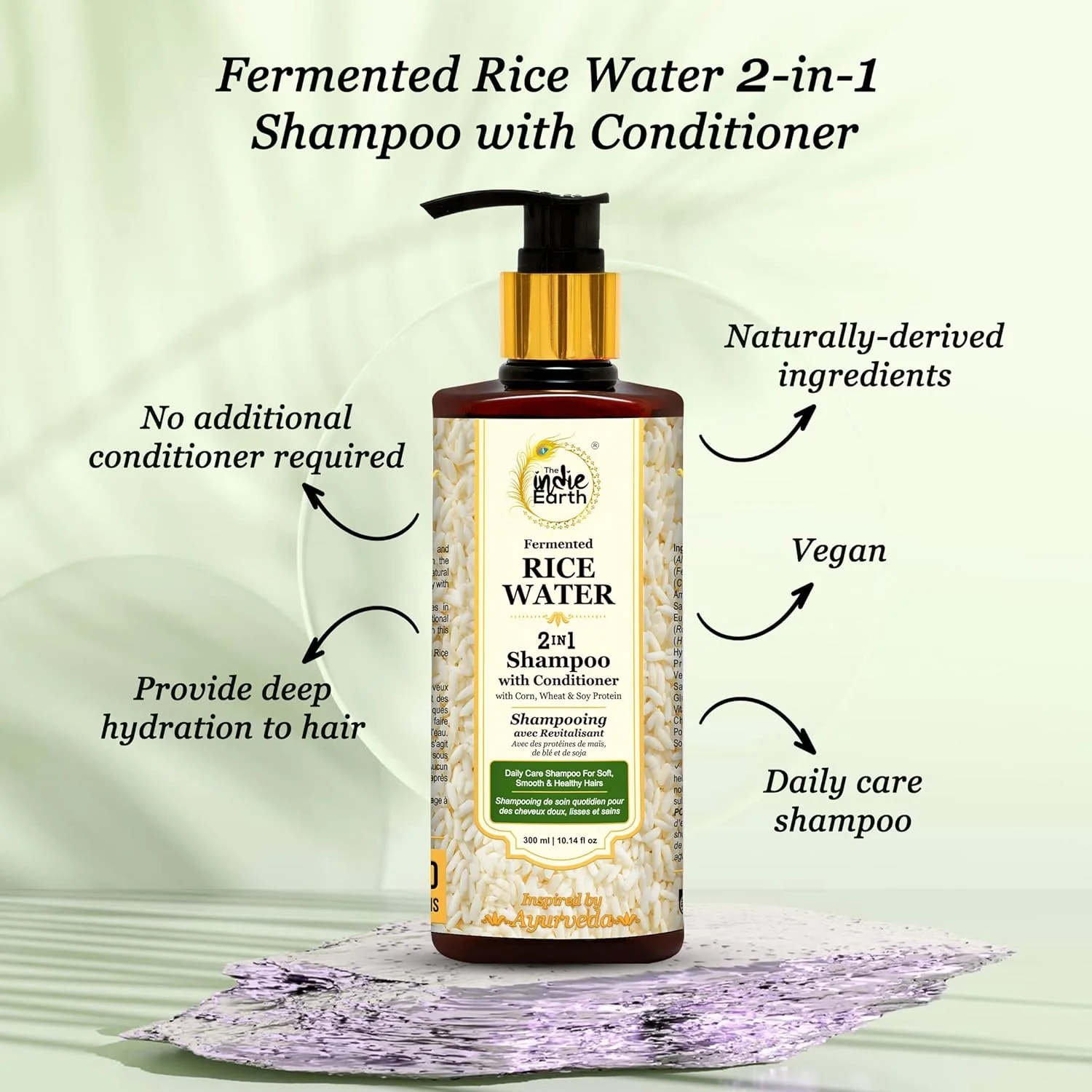 شامپو و نرم کننده 2 در 1 آب برنج تخمیر شده ایندی اِرث با پروتئین ذرت، گندم و سویا - بدون نیاز به نرم کننده اضافی برای موهای نرم، صاف و سالم 300 میلی لیتر
