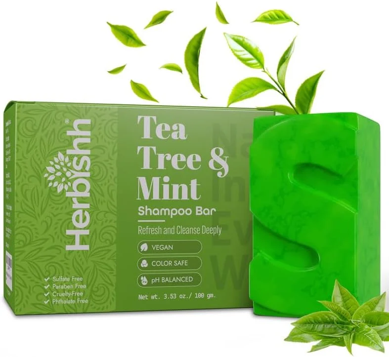شامپو بار درخت چای و نعناع Herbishh | صابون روغن درخت چای برای پاکسازی مو و پوست سر چرب | شامپو جامد مسافرتی برای آقایان و بانوان | پاک کننده عمیق نعنایی، 100 گرم