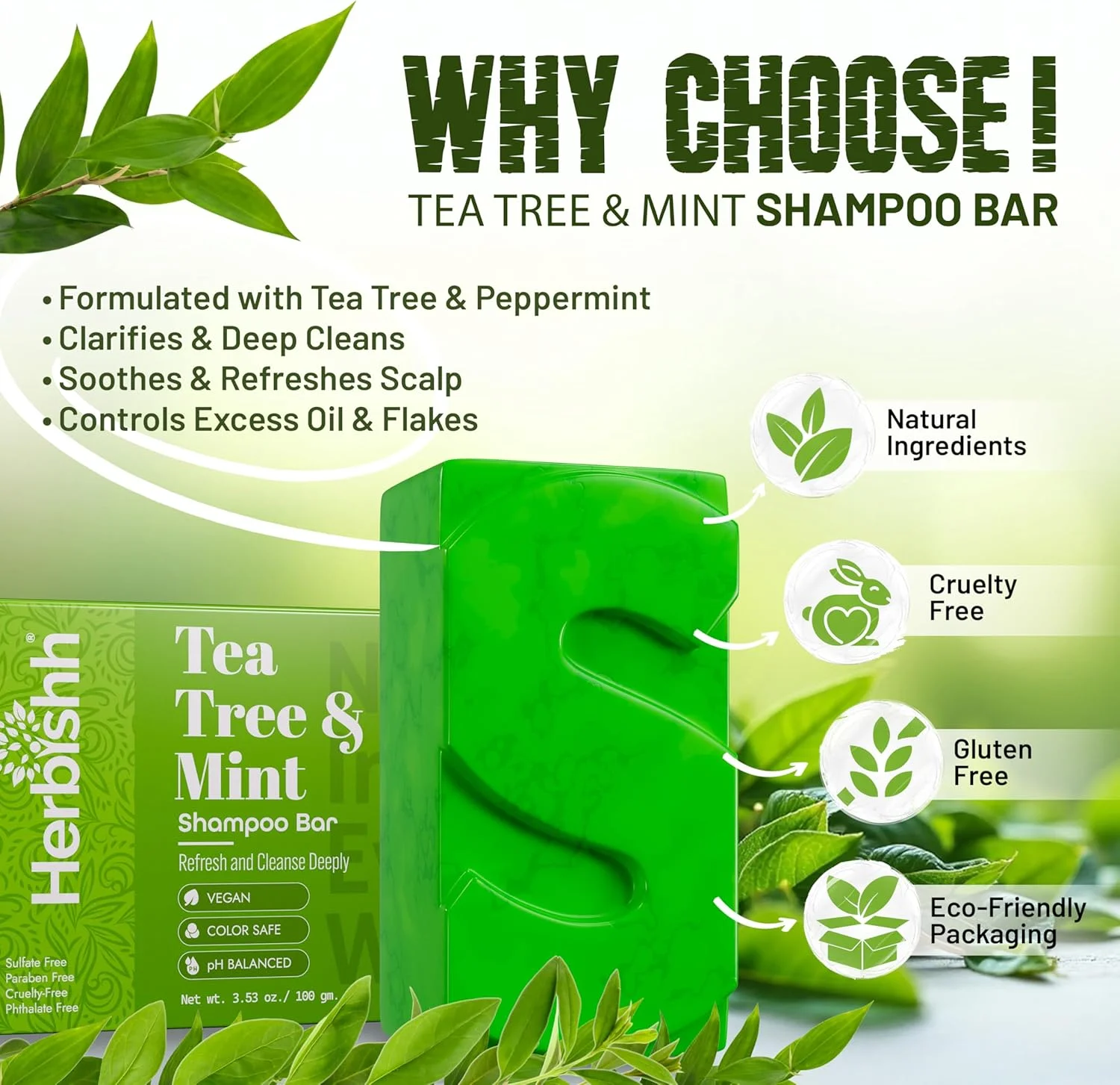 شامپو بار درخت چای و نعناع Herbishh | صابون روغن درخت چای برای پاکسازی مو و پوست سر چرب | شامپو جامد مسافرتی برای آقایان و بانوان | پاک کننده عمیق نعنایی، 100 گرم